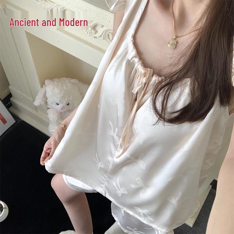 GUJIN Women s Ice Silk Flutter Sleeve Pajama Set with Built-in Bra Pads L