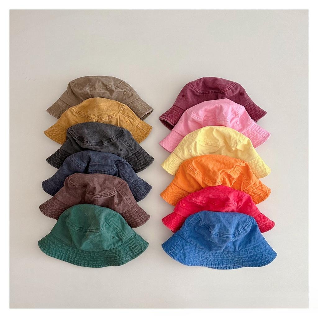 Japanischer Retro Gewaschene Einfarbige Kinder Stil Große Krempe Fischerhut Alter Baumwolle Baby Sonnenschutz Sonnen Eimerhut