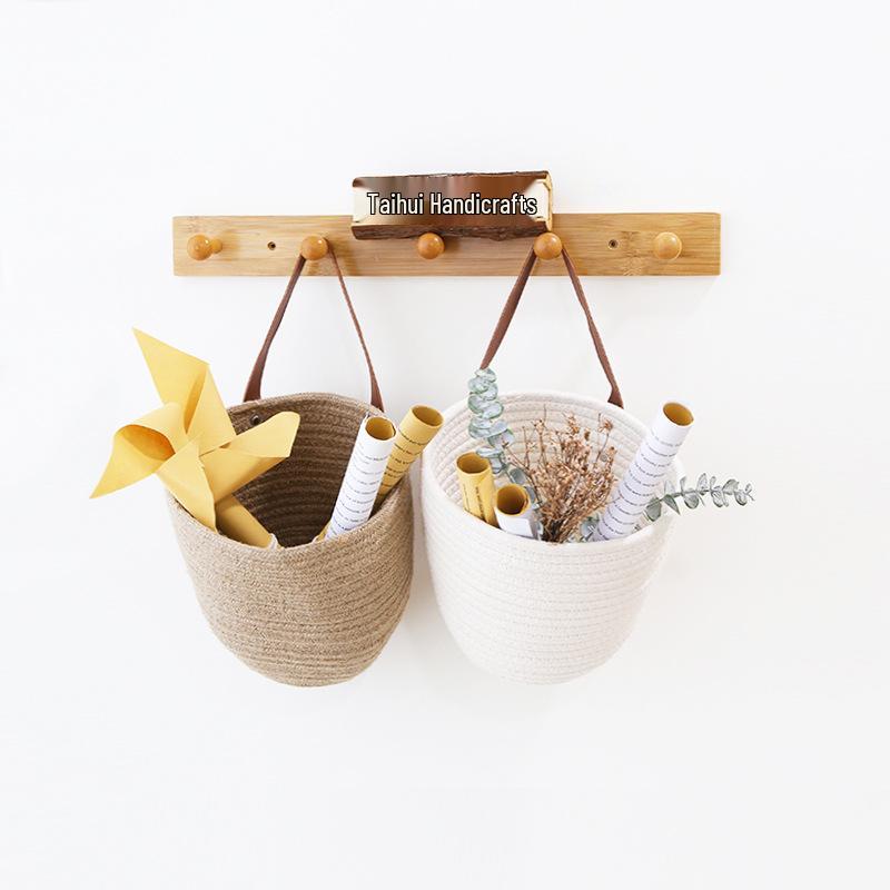 

Dorm Door Back Hanging Basket: Cotton Rope Woven Storage, Bedroom or Entryway, for Cosmetics & More. 20x20 cm