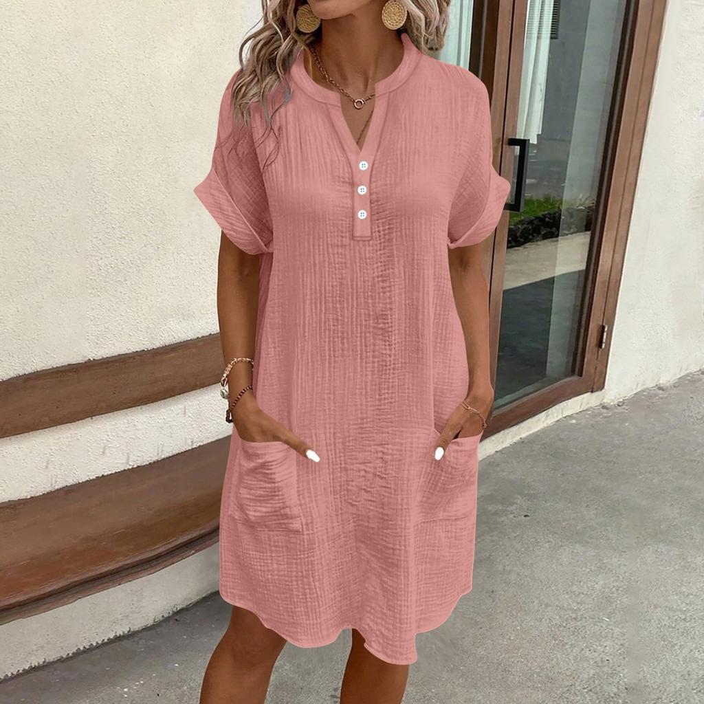 Damen V-Ausschnitt Knopf Kurzarm Kleid mit Taschen Lockerer Schnitt Lässiges Leichtes Tunika-Kleid für den täglichen Gebrauch