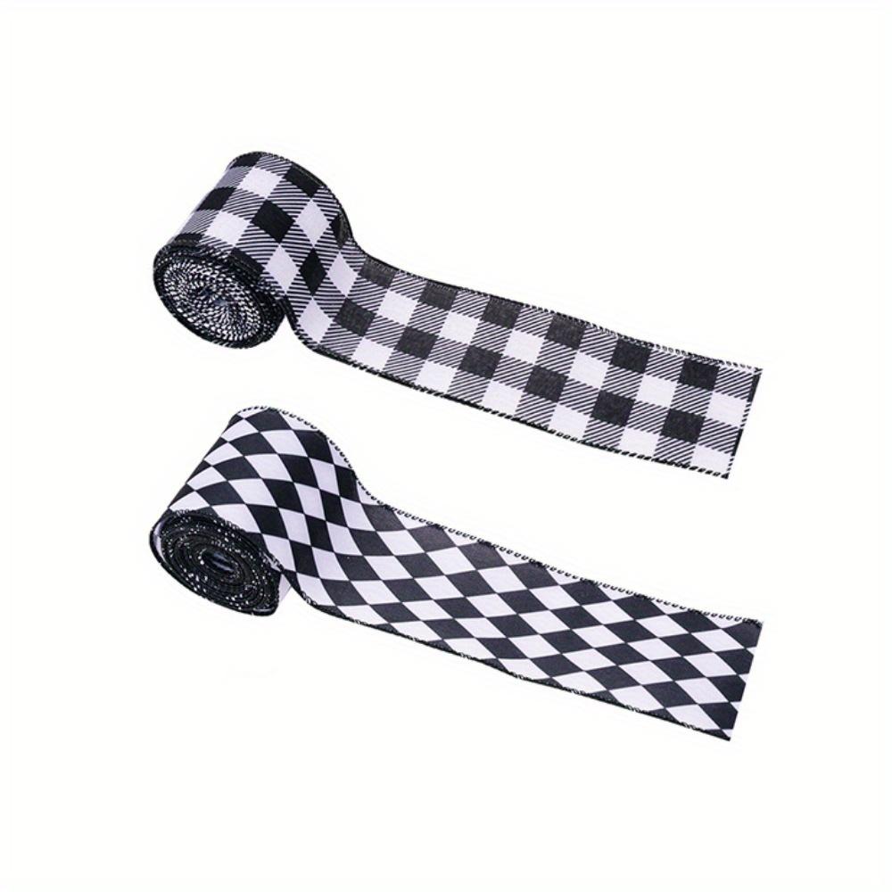 

2 рулона рождественской клетчатой ленты по 5 ярдов каждая с черно-белым клетчатым ромбовидным узором и широким проволочным краем для упаковки рождественской елки и поделок своими руками 2rolls 5yards