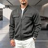 Everyday Basic Sportswear Men Casual Baseball Coat, Lightweight Multi-Pocket Windbreaker, Solid Color Outerwear Outdoor Windbreaker with Stand Collar,