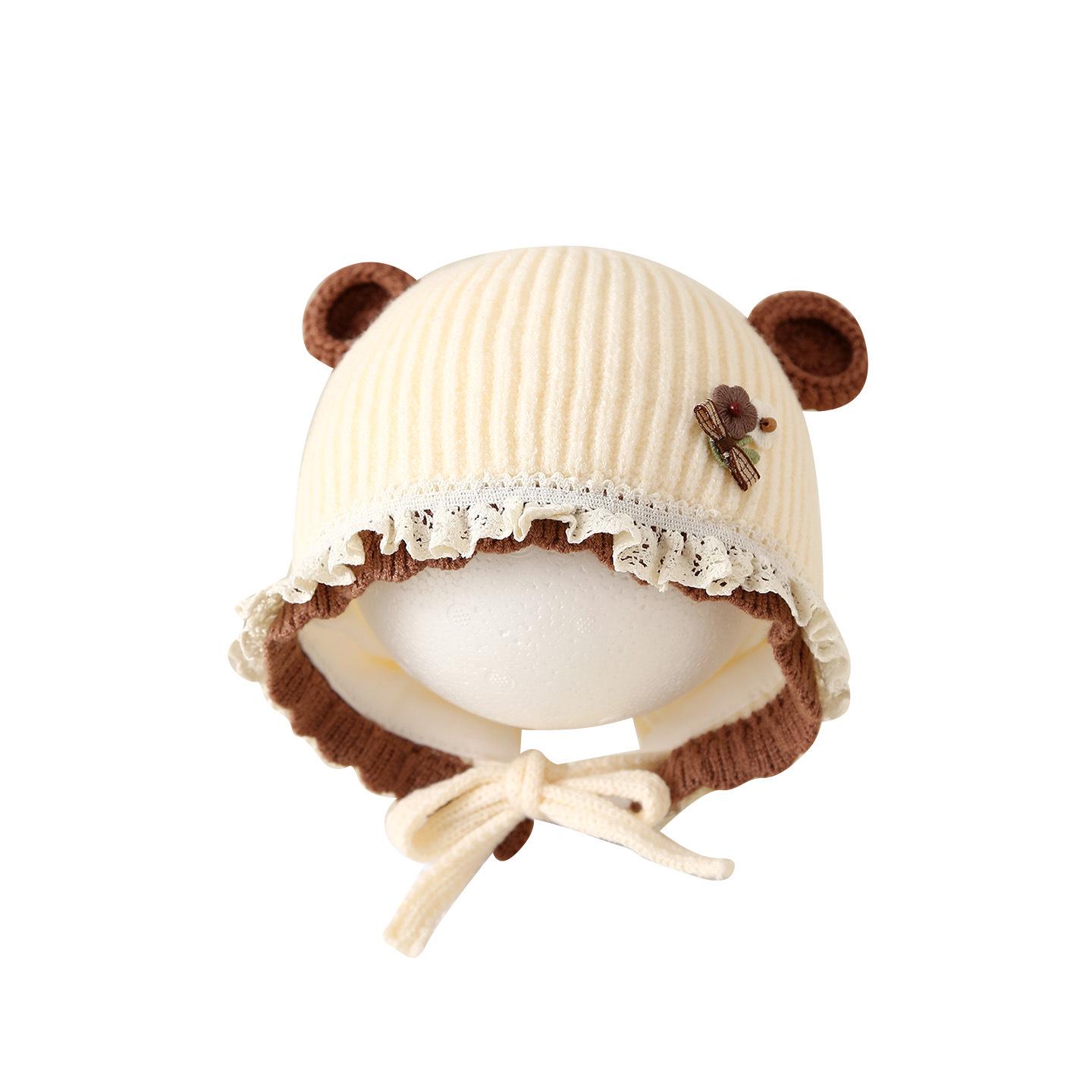 Winter Knitted Red Wool Baby Hat with Ear Protection - Festive and Warm for Infants & Toddlers Lace Trim - Beige