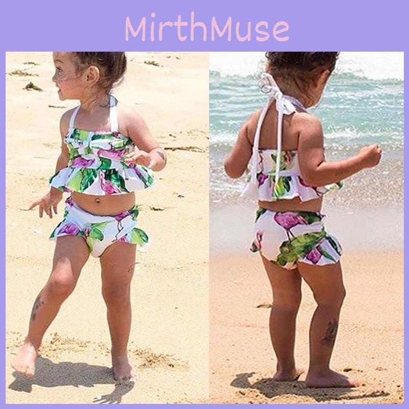 Charmantes 2-teiliges Mädchen-Bikini-Set mit Rüschen und Blumenmuster, mit entzückendem Flamingo-Design