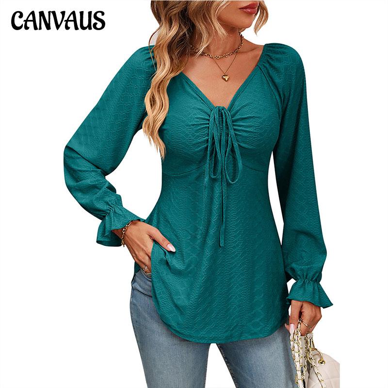 

Осіння жіноча блуза з V-подібним вирізом і шнурком на талії, сексуальні однотонні топи з довгими рукавами XL peacock синього кольору