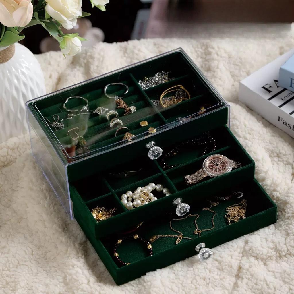 Velvet Jewelry Box with Anti-Oxidation, Transparent Acrylic Storage for Earrings, Necklaces, and Rings