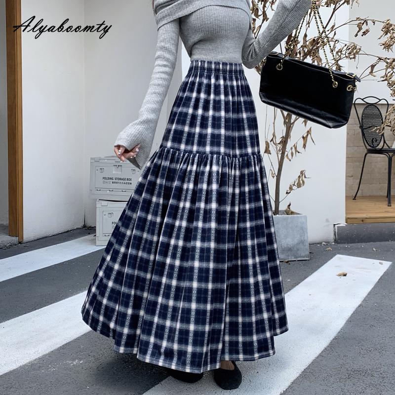 

Осінньо-зимова жіноча максі довга оксамитова спідниця з високою талією темно-синього, коричневого кольору в клітинку, вінтажна елегантна спідниця з рюшами, жіноча One Size темно-синього кольору
