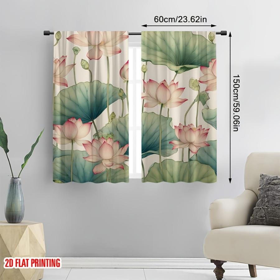 2PCS Digital Printed Curtains, Lotus Wind Clear Charm Pattern, Beautiful Window Drapes for Living Room Bedroom Home Decor