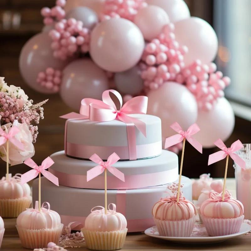 Pink Bow Cupcake Toppers Kids Girls Birthday Party Cake Topper Decoration Baby Shower Wedding Bachelorette Party Suppliesa