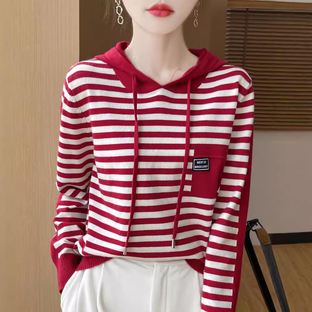 

Полосатый цветной блокирующий повседневный вязаный свитер с капюшоном, женская осенняя мода, модный вязаный свитер XXL