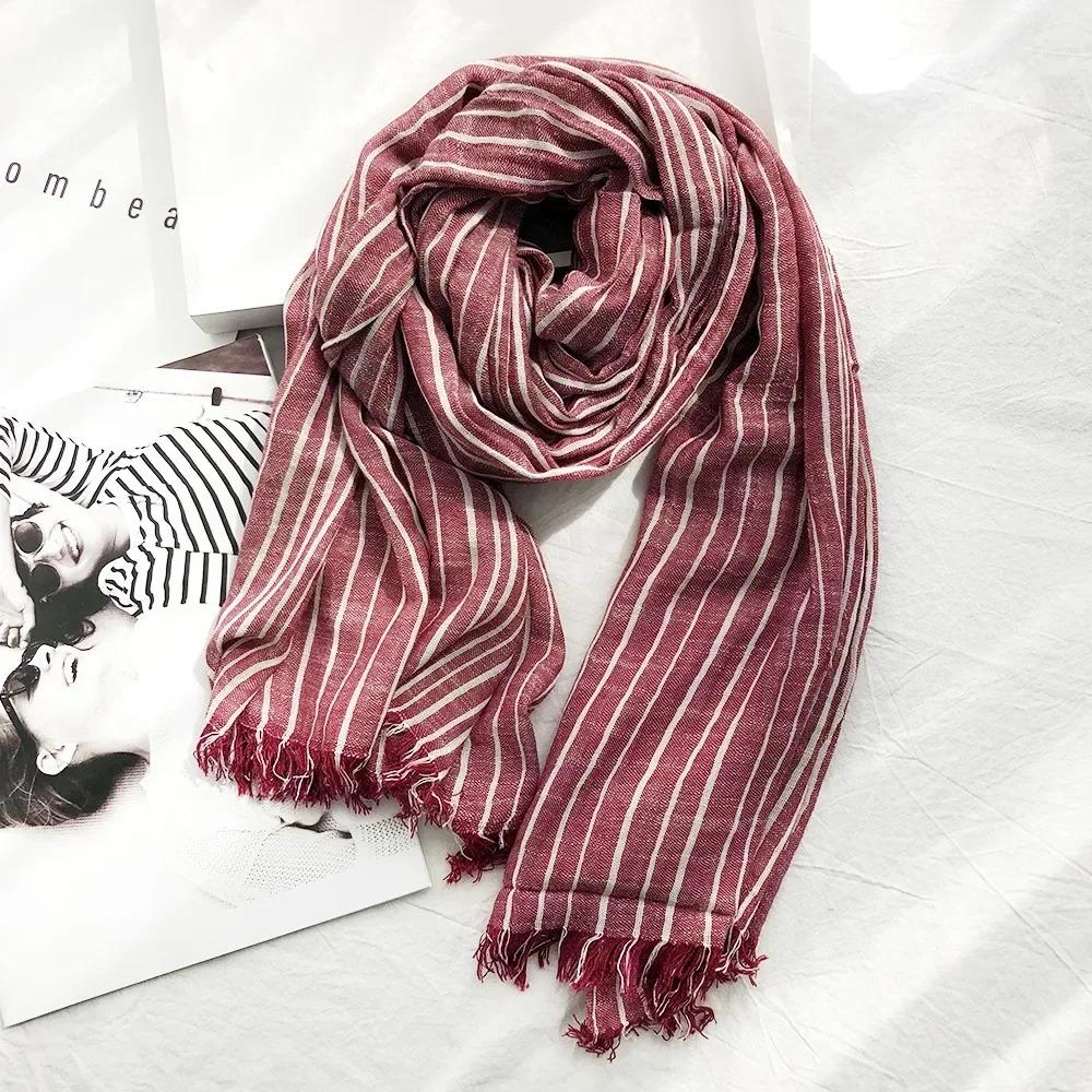 New 190*80cm Artistic Style Striped Cotton Linen Scarf Shawl Men's and Women's Same Style Mori Foulard En Mousseline Scarves