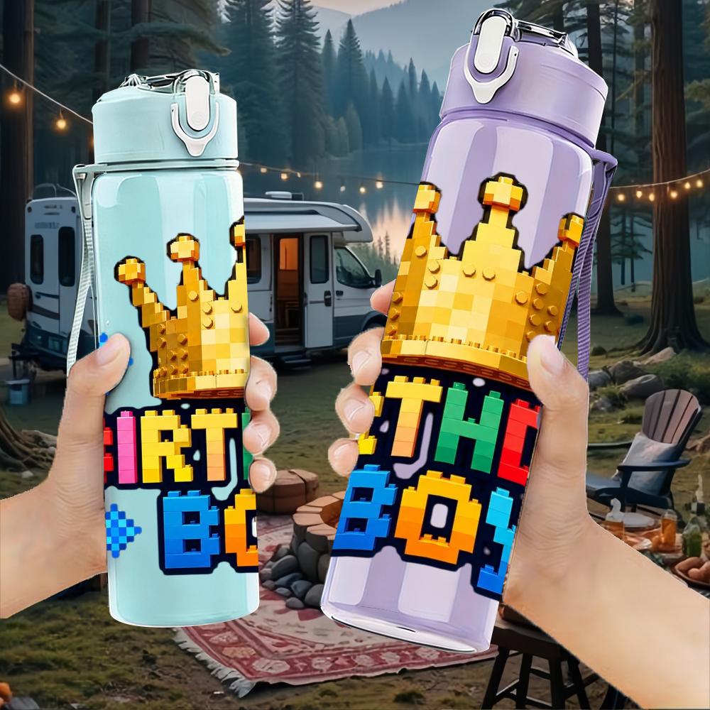 1PC Birthday Boy Crown Letter Graphic 750ml Color Plastic Water Bottle Leakproof Flip Straw Lid For Sports Office Home Use