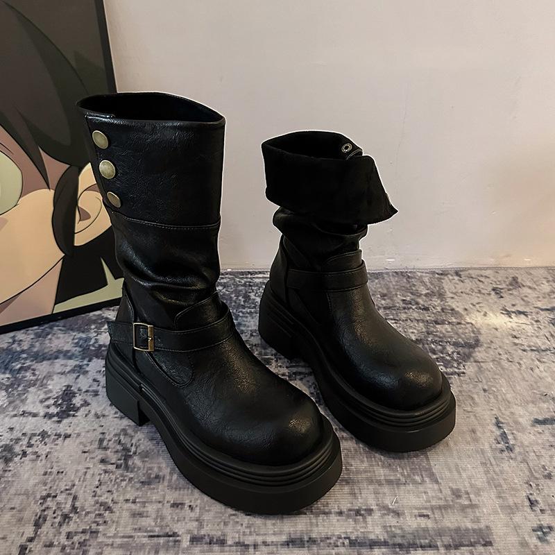 

Black retro British style thick heel thick-soled medium boots women s 2025 new spring and autumn height-increasing and thin knight boots 39 чёрный