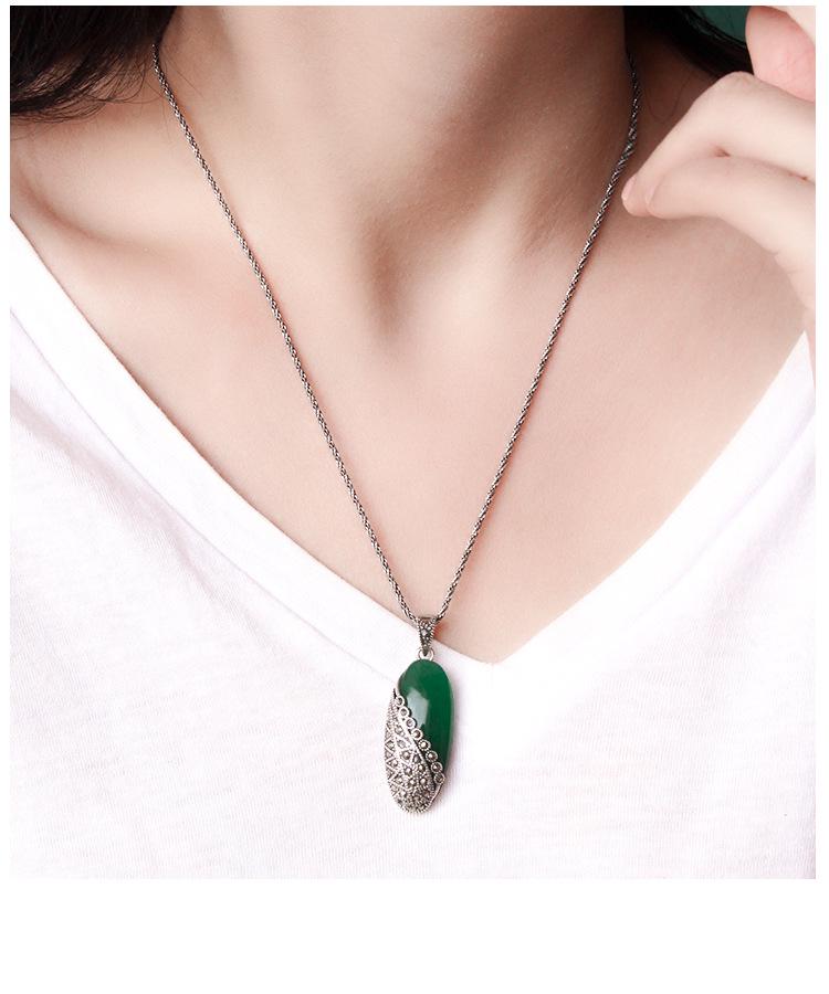 Jade Angel S925 Sterling Silver Chalcedony Cat's Eye Ethnic Retro Pendant Necklace