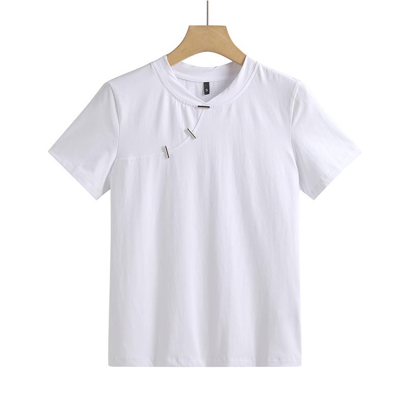 Enhanced Slim Fit Minimalist Cotton T-Shirt with Chinese and Korean Style Buttons - Short Sleeve Women's Top