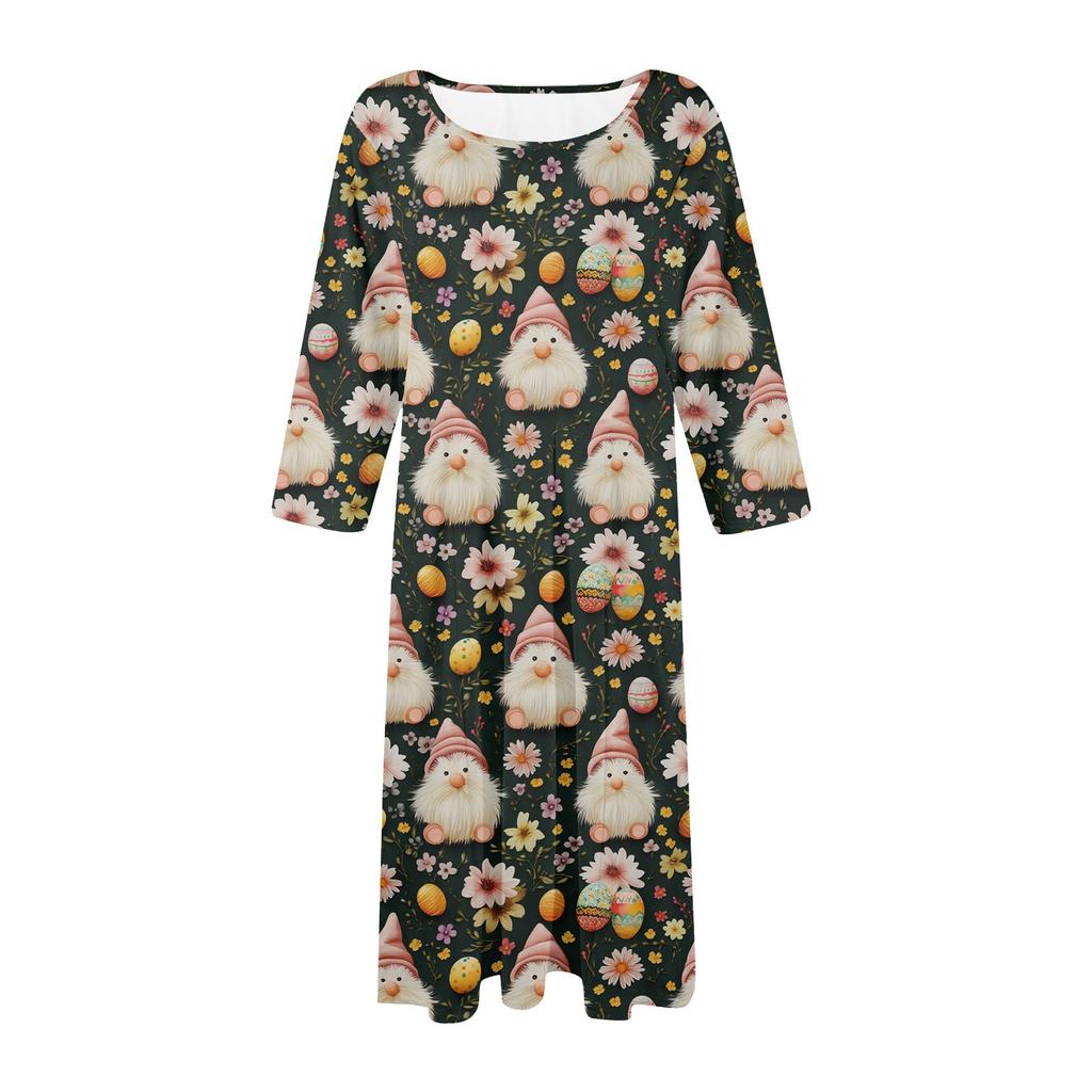 Dámské volné ležérní a módní šaty střední délky s potiskem, kulatým výstřihem a sedmčtvrtečními rukávy