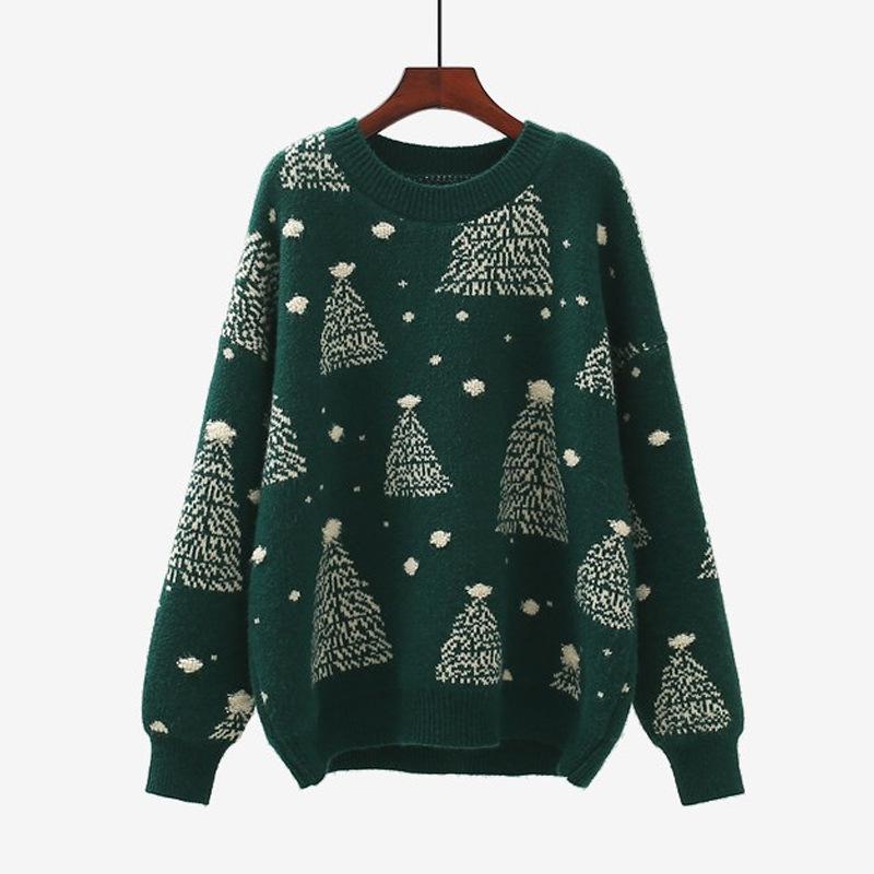 

Loose and lazy style retro knitted sweater, wear autumn and winter new snowflake Christmas tree pullover sweater women s contrasting colors 411-114 (average size) зелений