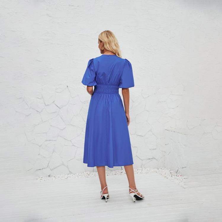 Summer Women Strapless Pleated Dress Solid Short Sleeve Ankle-Length Fashion