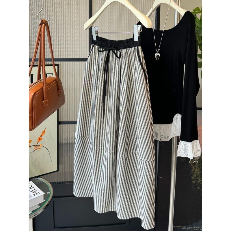 

Spring new foreign style versatile design elastic waist A word medium and long striped bud skirt femininity skirt One size fits all чёрный