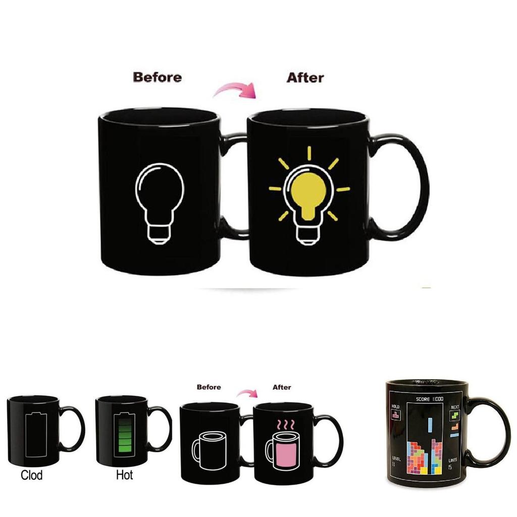 Farbwechselnde Keramiktasse mit Glühbirnen-, Tetris- und Batteriemuster zum Verschenken und für Werbezwecke