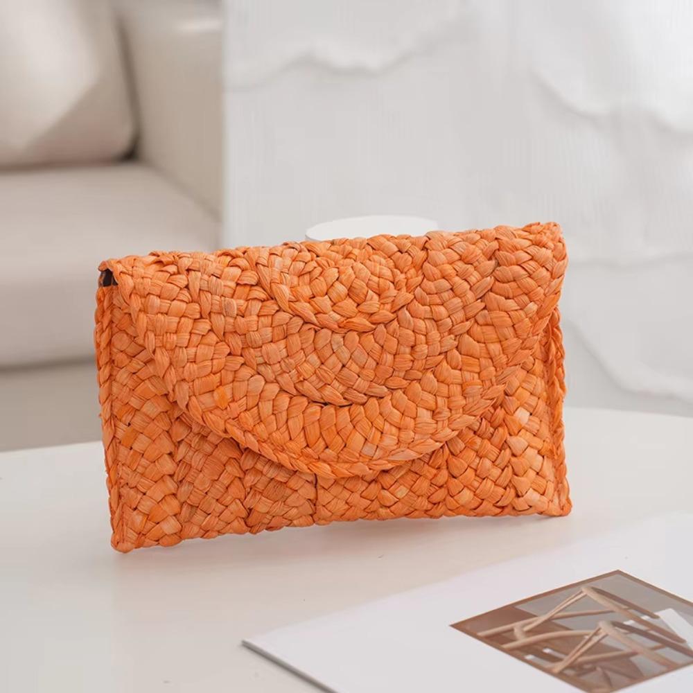 Fashion Straw Weaving Beach Purse Solid Color Large Capacity Woven Clutch Bag Envelope Simple Coin Purse Summer оранжевый