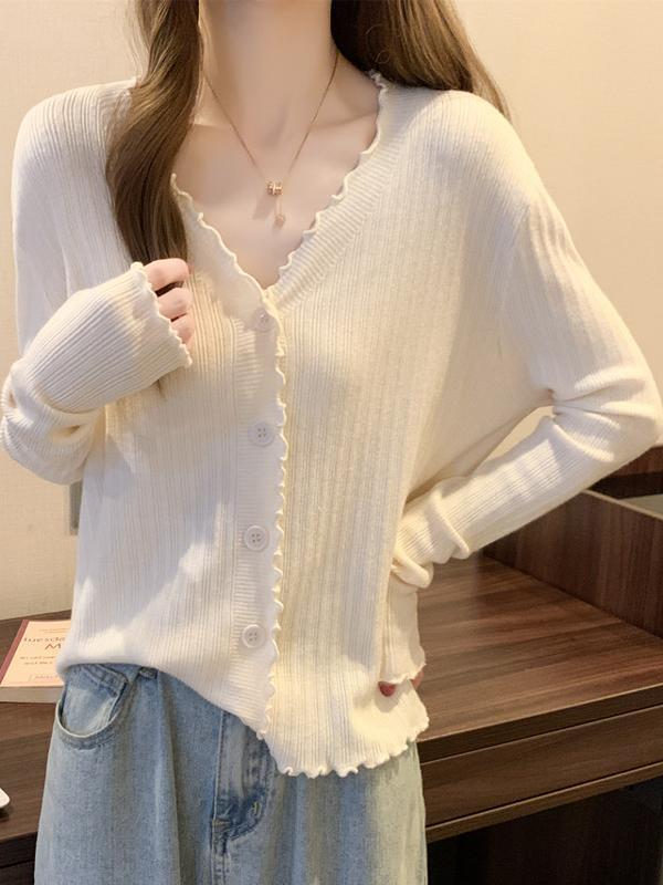 Plus Size Women's Ruffle V-Neck Cardigan Top - Long Sleeve, Slimming, Autumn Fashion
