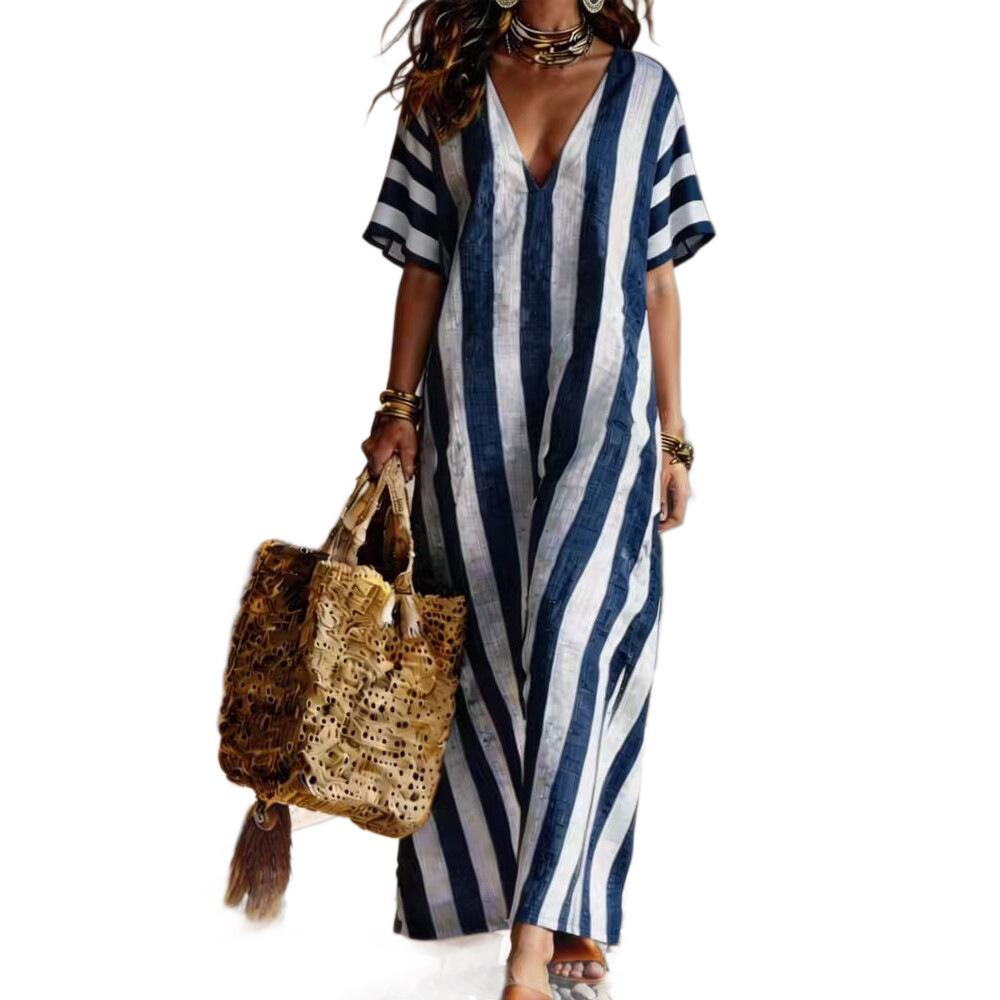 Summer new European and American style striped V-neck loose holiday style long dress women's fashion casual beach