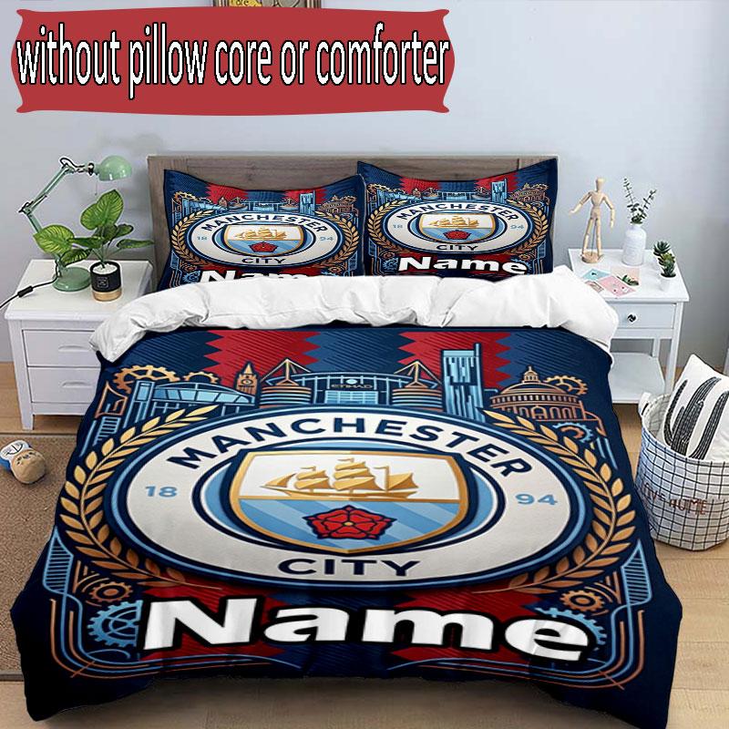 3pcs Duvet Cover Set (1*Duvet Cover + 2*Pillowcase, Without Core), Custom Name Manchester City Pattern Bedding Set, Home Bedroom Decor Gift