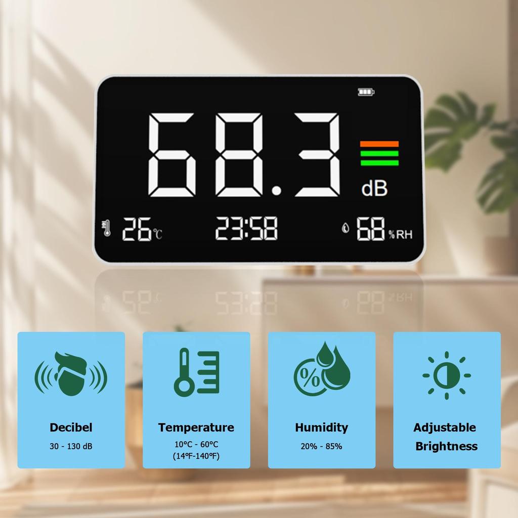 4-in-1 Digital Sound Level Meter ,Desktop Decibel Monitor 30-130dB,for Noise Measureing,Library, with Time&Temp&Humidity Display