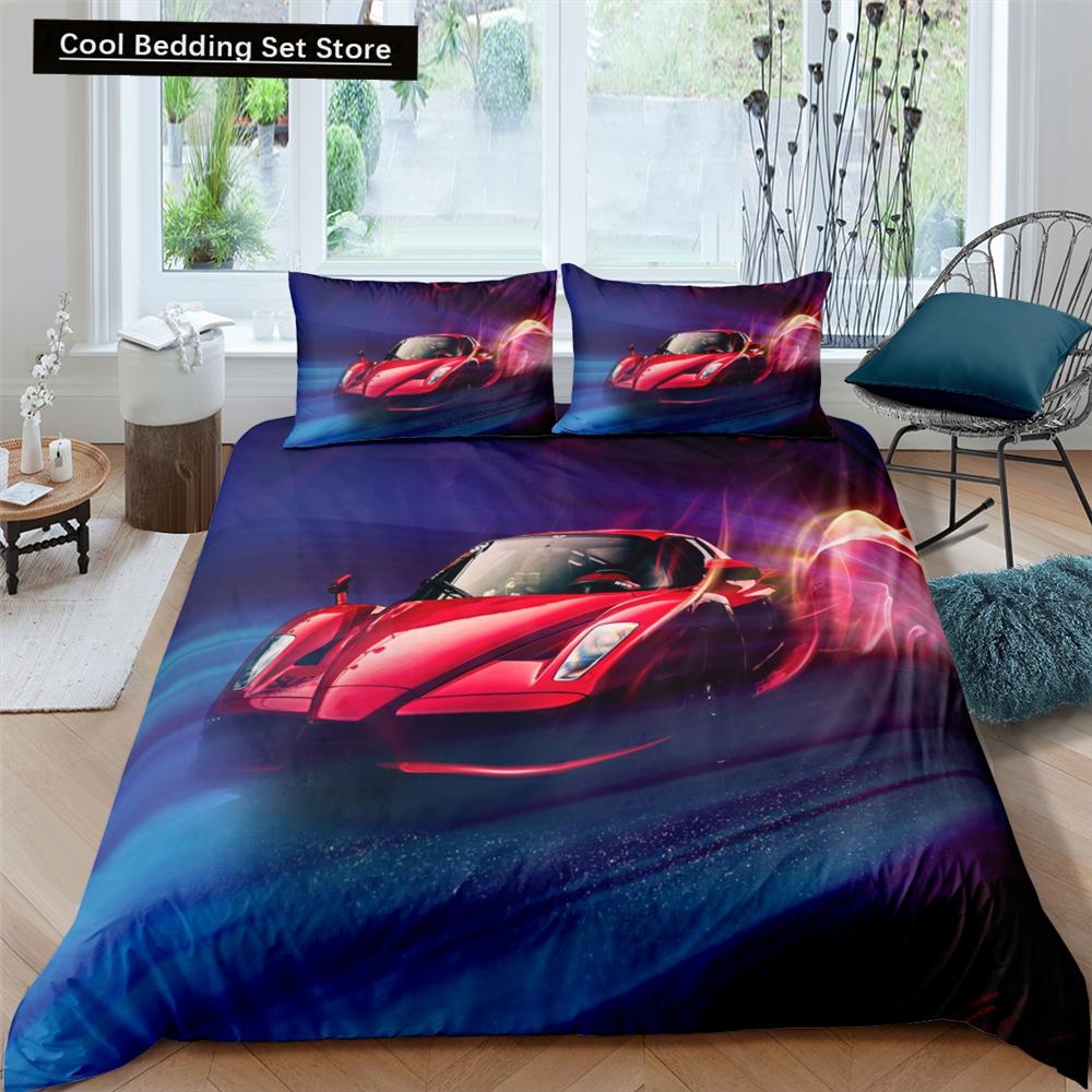 3D Car King Queen Duvet Cover Vintage Lightweight Train Bedding Set for Teens Adult Racing Supercar 2/3pcs Polyester Quilt Cover