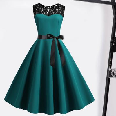 O-Neck Sleeveless See-through Lace Stitching Ribbon Bowknot Gown Dress A-Line Skater Large Hem Midi Princess Dress