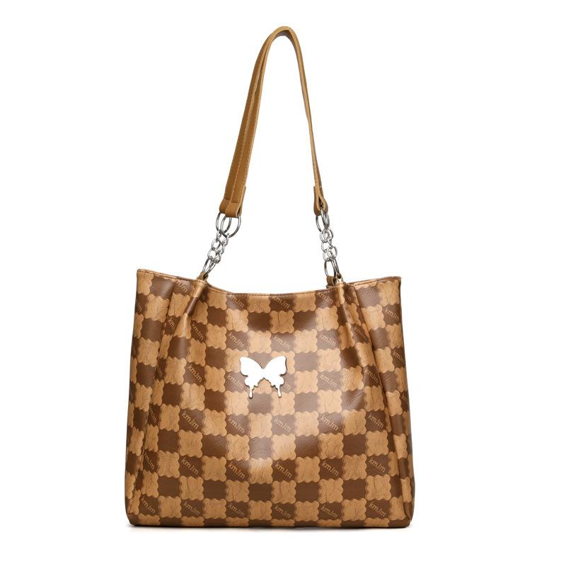 

Новая модная женская сумка через плечо большой вместимости, повседневная, универсальная, популярная клетчатая, с бабочкой, портативная сумка-тоут коричневый