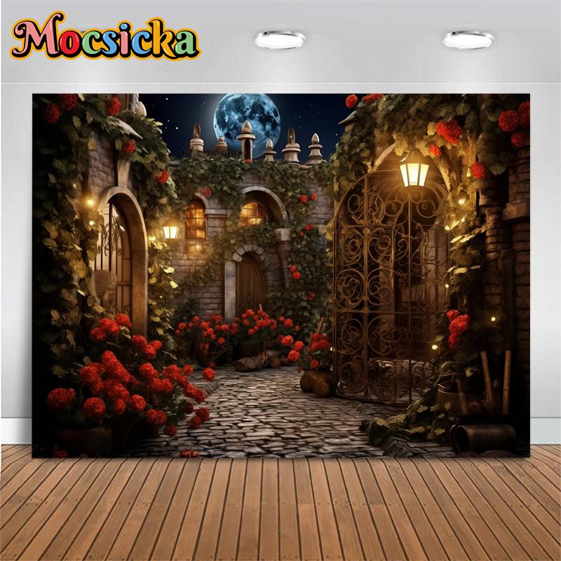 Romantischer Nachtschloss Hintergrund Fotografie Rote Rose Liebe Dusche Mädchen Valentinstag Kulisse Dekoration Altes Schloss Geburtstag Fotostudio