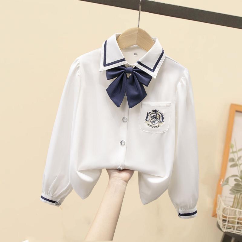 Girls' White Long Sleeve Lace Shirt - Spring/Autumn Class Uniform, Performance Costume.