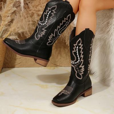Fashion Women Shoes New High Quality Block Heels Mid-calf Cowboy Boots Women Vintage Country Concert Western Women Boots Botas De Mujer