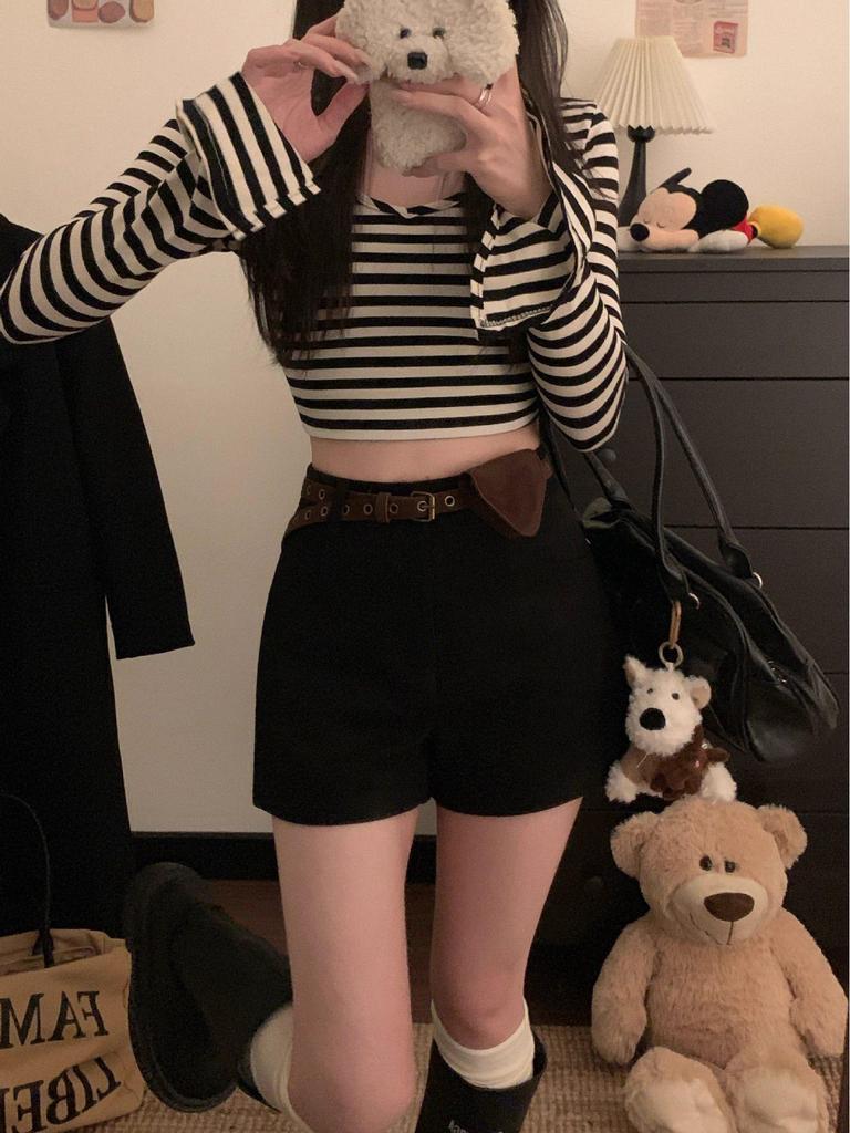 Shorts de Suede Negro Peludo de Talla Grande de Cintura Alta Línea A con Bolso Cinturón - Estilo Coreano para Mujer para Primavera y Otoño
