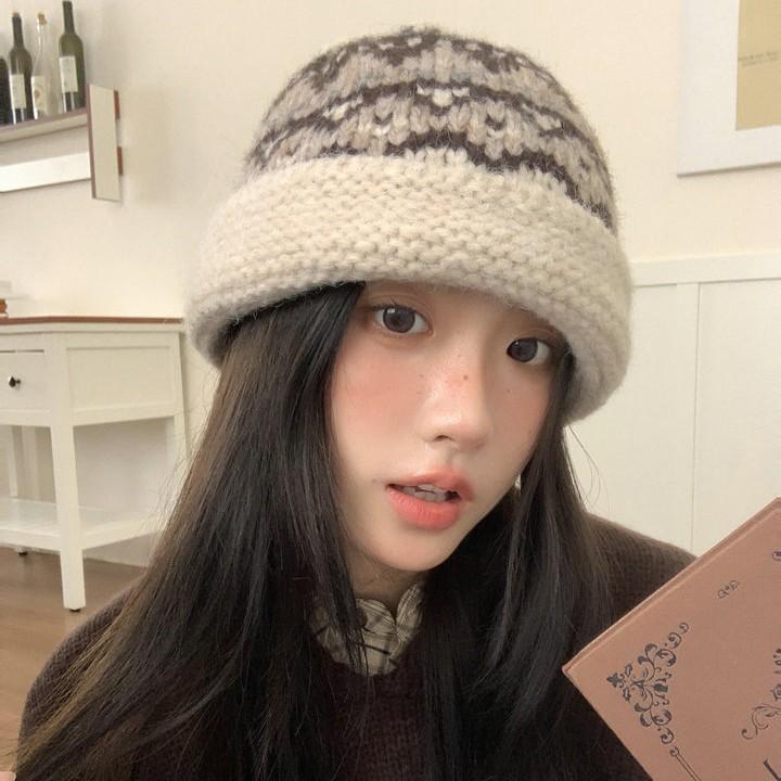 Hat Women's Winter Wool Blended Retro Knitted Wool Bucket Hat New Versatile Jacquard Warm Pot Hat