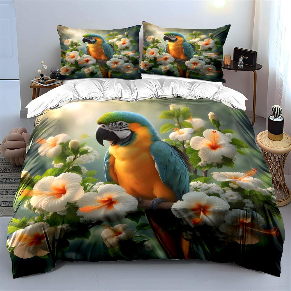 Parrot perched among vibrant flowers Print Soft Comfortable Duvet Cover Bedding Set Included 1*Duvet Cover 2*Pillowcases