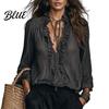 Elegant Autumn Shirt Women Ruffle V-Neck Top, Solid Color Casual Long Sleeve Dressy Blouse Pullover Shirt, Retro Pleated Loose for V-neck Top