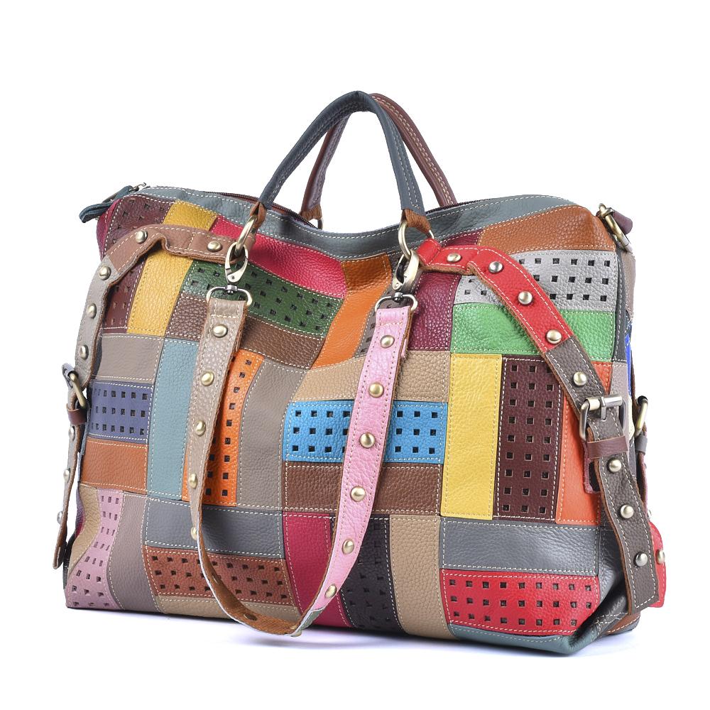 Genuine Leather Crossbody Bag for Ladies  Colorful Striped Pattern  Large Capacity  Unique Shoulder Contrast  Tote Bag