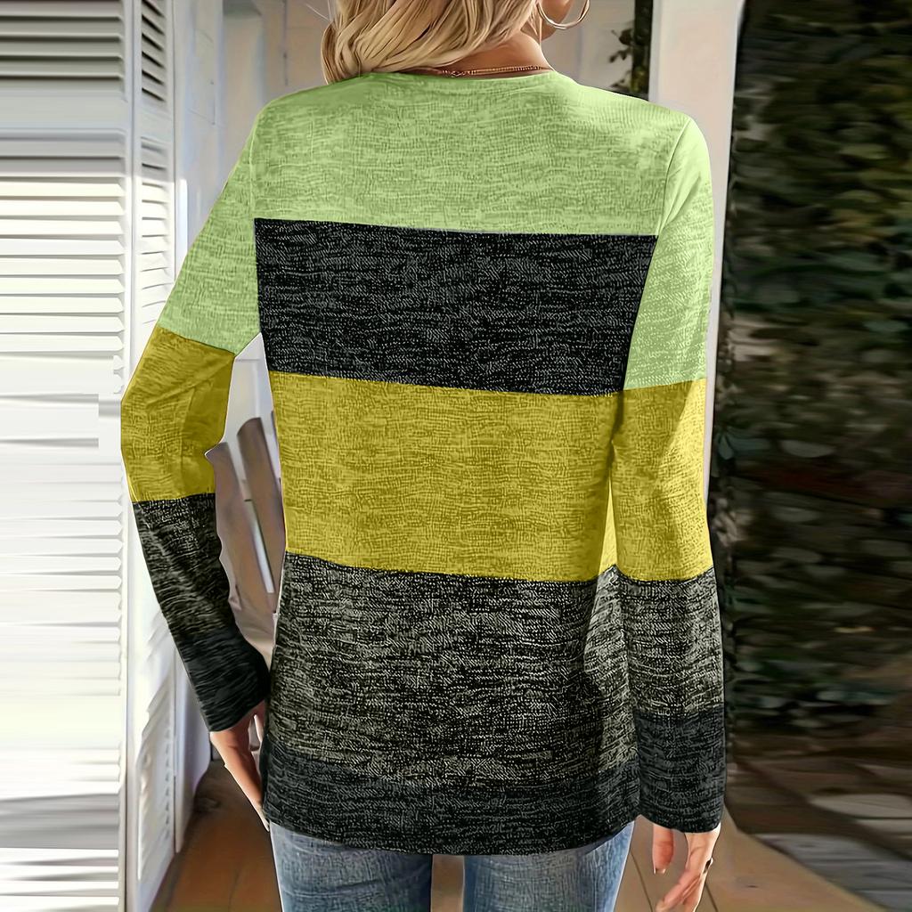 Women's Color Blocked Casual Fashion Long Sleeved V-neck T-shirt Top