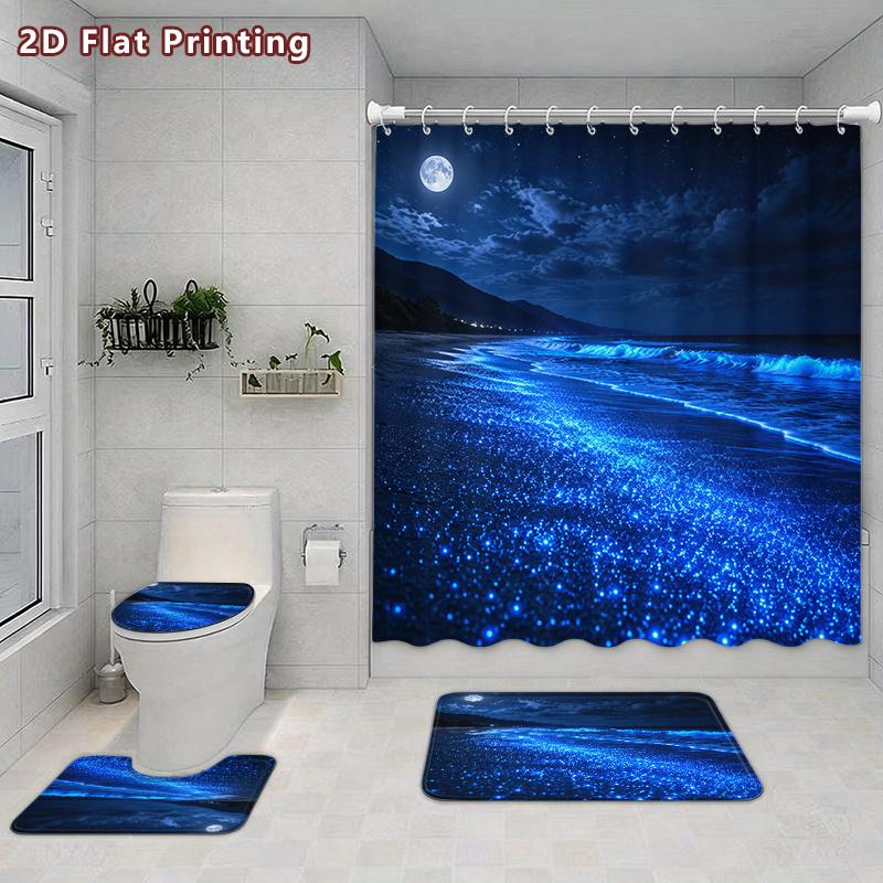 4Pcs Bioluminescent Beach Shower Curtain Set with Non-Slip Bath Mat, Toilet Lid Cover, Contour Rug & 12 Hooks, Bathroom Decor