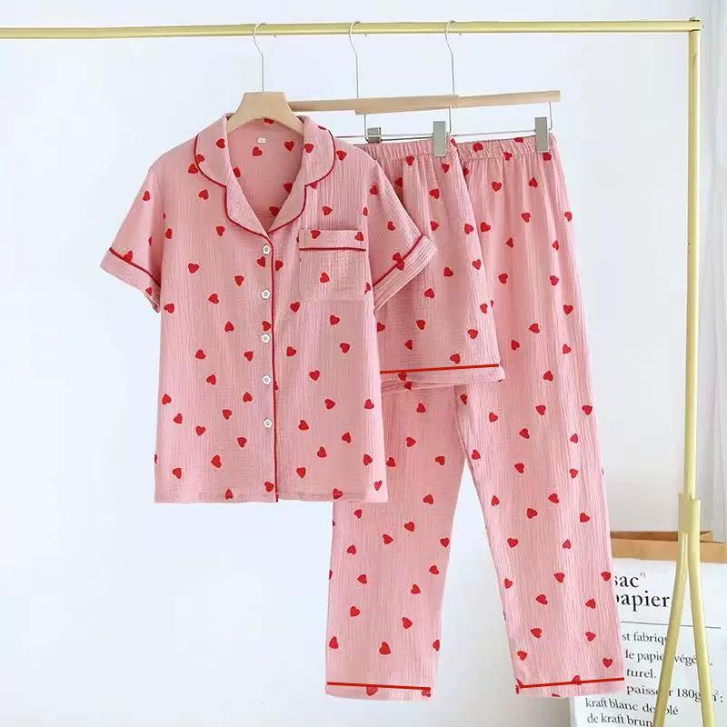 Women's Love Heart Pajama Set: Short Sleeve, Long Pants, 3-Piece Cloud Cotton for Indoors & Outdoors - Spring & Autumn