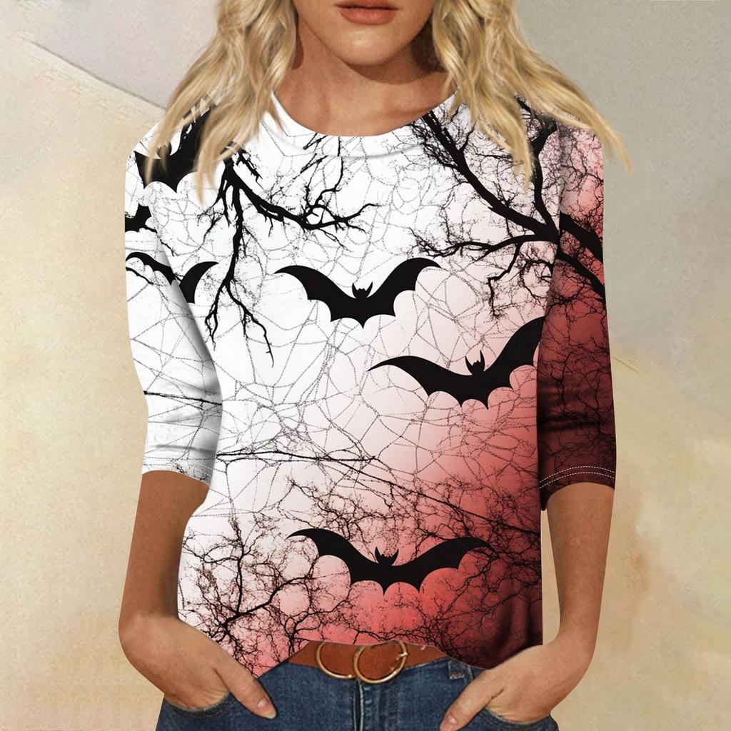 Women's Fashion Casual Round Neck 3/4 Sleeve Loose Printed T-Shirt Ladies Top