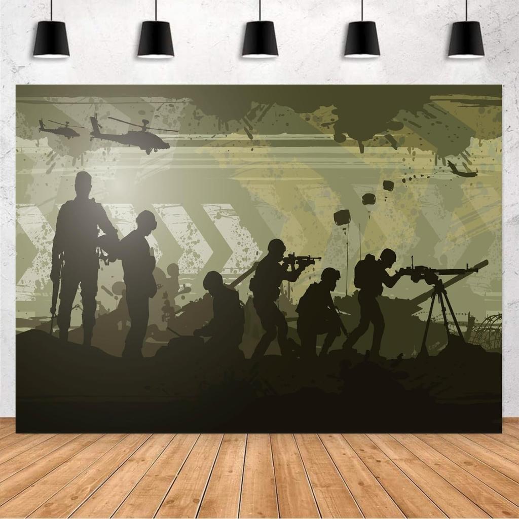 Happy Birthday Camo Party Backdrop Army Green Banner For Military Theme Celebrations, Portrait Photography
