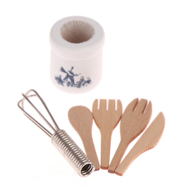Miniatures Wooden And Fork Metal Whisk Jar Set Accessories Doll House Kitchen