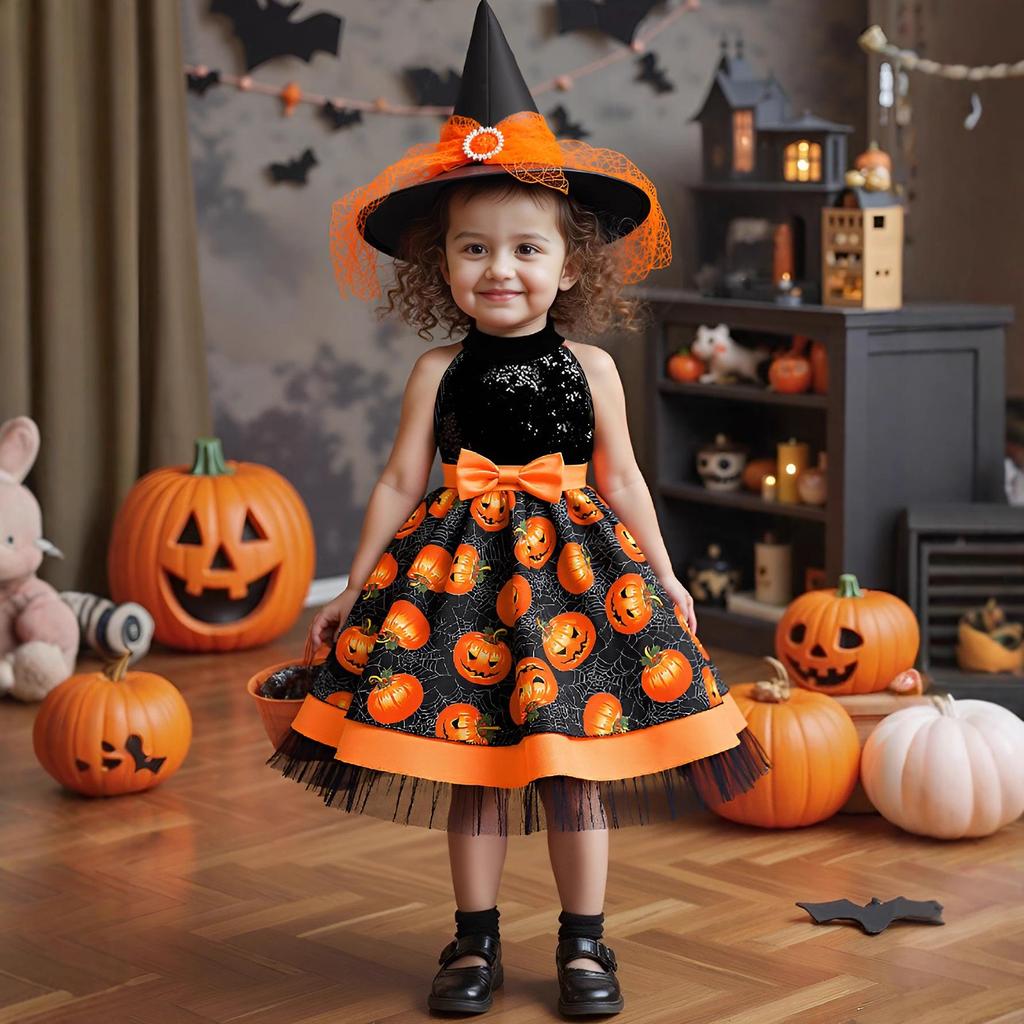 New Halloween Pumpkin Print Sequin Halter Dress for Girls - Fashionable Performance Holiday Puff Skirt
