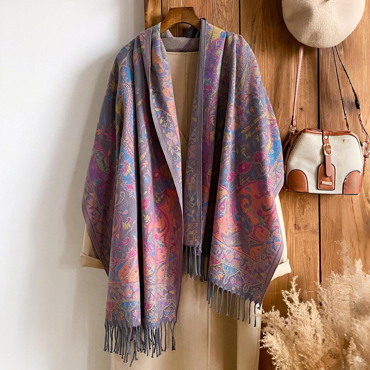 Модный Зимний Теплый Толстый Кашемировый Роскошный Жаккардовый Шарф Женский Национальный Стиль Длинная Кисточка Пейсли Шаль Буфанда