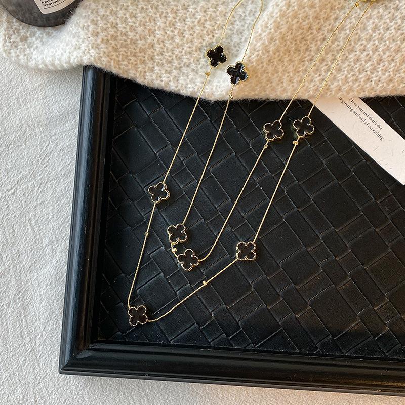 Light Luxury Four-leaf Clover Long Necklace Women with Fall and Winter Sweater Chain High-level Sense of Double Layered Stacked Clothes Pendant