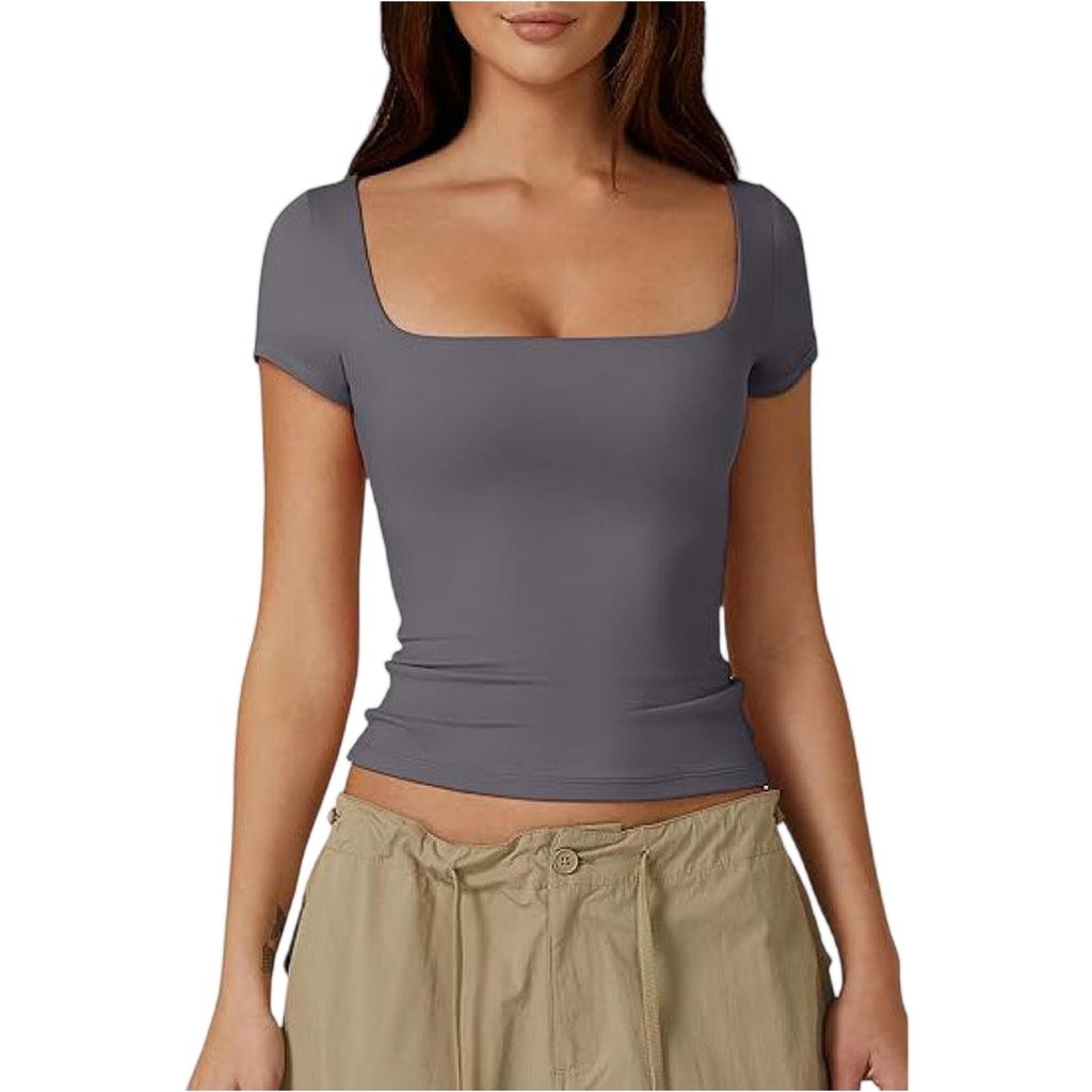 Women's Summer Square Neck Sexy Slim Fit Short Sleeve T-Shirt